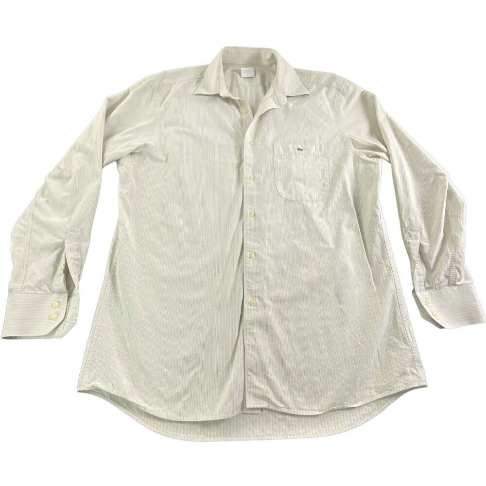 LACOSTE Men Button Down Shirt Long Sleeve Striped Sz 42/L Beige Casual 82-4